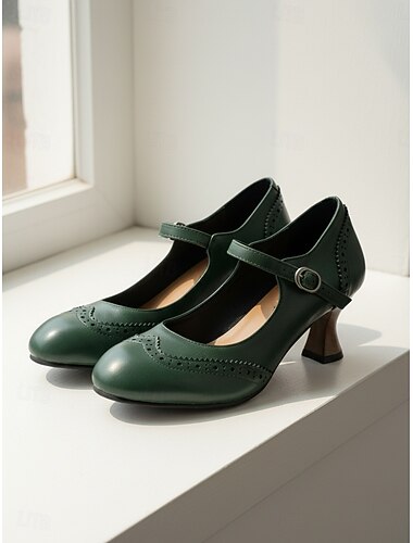 Damskie, ciemnozielone, vintage'owe, półbuty typu Mary Jane z lat 50. – eleganckie czółenka brogsy z paskiem ze sprzączką na imprezy w stylu retro i do biura &klasyczny styl