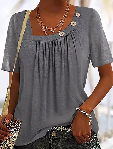  Dames T-shirt T-shirts Grafisch Effen Modieus Korte mouw Strakke ronde hals Normale tops Casual Dagelijks Weekend blauw Zwart Grijs Zomer Lente