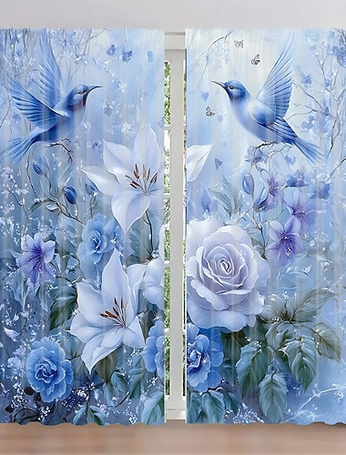  2 Stück Vorhänge mit Pflanzen- und Blumenmotiv, Polyester-Fenstervorhänge mit Stangendurchzug, grüne, botanische Drucke für Wohnzimmer, Schlafzimmer, Küche, Studentenwohnheim, Heimdekoration