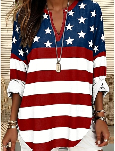  Amerikansk uavhengighetsdag Dame Bluse Trykt mønster Flagg Fritid Langermet V-hals Vanlige topper Avslappet Daglig Rød Marineblå Sommer Vår
