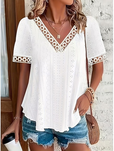  Dame Øyetopp Pointelle-t-skjorte T skjorte T-skjorter Med Tekstur Elegant Stilfull Klassisk Kortermet V-hals Vanlige topper Avslappet Strand Hvit Gul Rosa Sommer