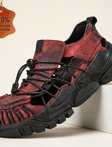  Herresko i skinn, utendørs, avslappet, rød, lette, pustende joggesko for fotturer, reiser og utendørseventyr