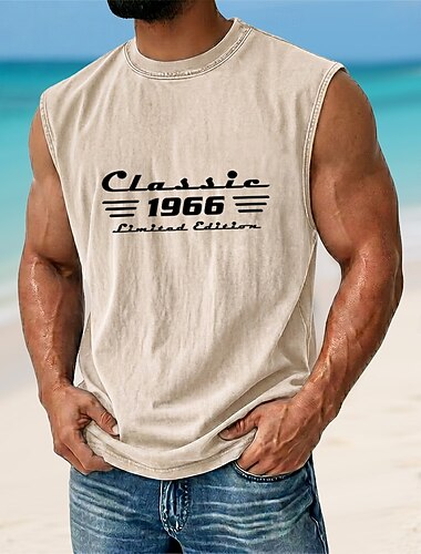  Débardeur homme 1966, t-shirt délavé à l'acide, t-shirt sans manches, imprimé graphique, col rond, mode vacances tropicales, plage, noir, marron, vert, printemps &vêtements d'été