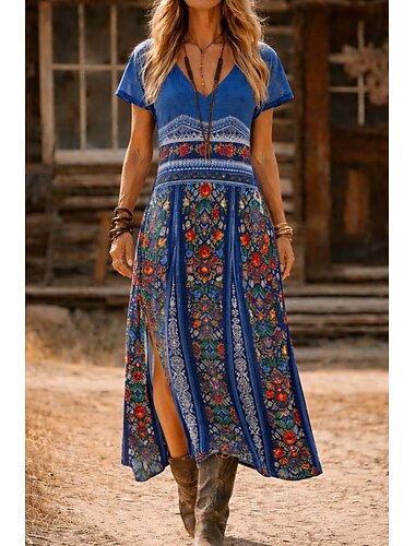  Femmes Robe maxi Robe d'Été Robe trapèze Vacances Occasionnel Boho Plage Sortir Coupe régulière Fleuri Graphique Sans manches Col en V Bleu Rose Claire Été Printemps