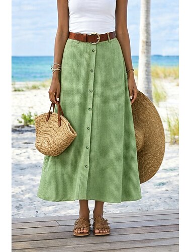  Dame Vaffelskjørt Mote kystbestemorstil Fritid Høst Midi Medium Midje Skjørt Ensfarget Uelastisk Daglig Strand Blå Grågrønn Oransje Sommer Polyester