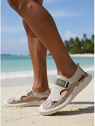  Beige sportsandalen voor heren, gesloten teenschoenen met klittenbandsluiting, ademende, comfortabele casual stijl, perfect voor strandvakanties, resortuitjes en vrijetijdsreizen.