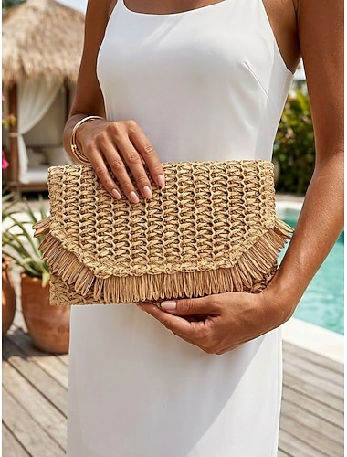  Boho-Strohclutch für Damen, mehrfarbige Handtasche mit Quastenverzierung, leichte und stylische Tasche für Strandurlaub, Strandparty und den Alltag