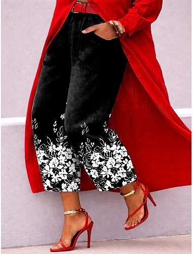  Dame Bredt Bukseben Slacks Afklippede bukser Ferie Årgang Basale Ankel-længde Høj Talje Blomstret Grafisk Trykt mønster comfy Komfort Åndbarhed Uelastisk Daglig udendørs Ferierejse Sort Gul Brun