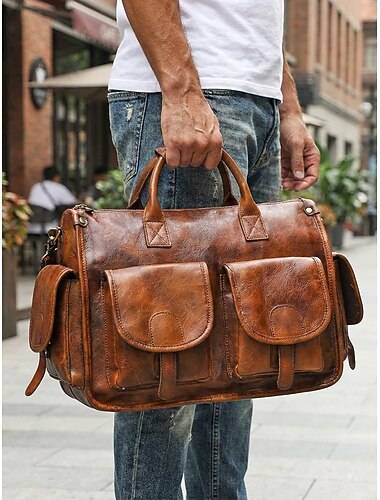  Herre rejsetaske i slidt ægte læder, flerfarvet weekendtaske med stor kapacitet og justerbar skulderrem til forretningspendling, rejser og fritidsbrug.