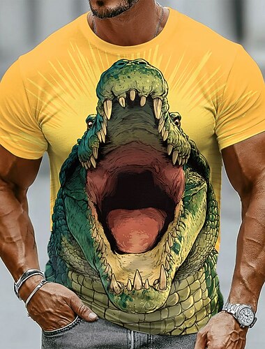  Herren-T-Shirt mit Alligator- und Krokodilmotiv, offenem Maul und scharfen Zähnen – witzig und cool, Streetwear, Hip-Hop, Wildtiere, Rundhalsausschnitt, Kurzarm, Allover-Print, normale Passform,