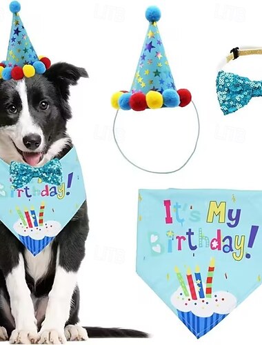  Ensemble bandana d'anniversaire pour chien, avec un adorable chapeau et un nœud papillon pour la fête d'anniversaire des chats et des chiens, pour décorer les chats et les chiens.