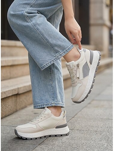  hvide og grå chunky sneakers til kvinder - stilfulde plateausko med lynlås i siden til daglig streetwear, afslappet arbejde og gåture i byen