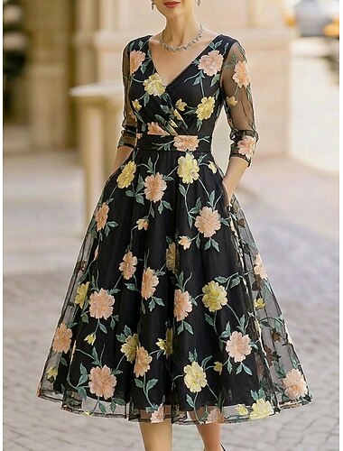 A-Linie Kleid Tee-Länge Cocktailkleid Brautmutterkleid Dreiviertelarm V Ausschnitt Elegant Einfach Lässig Formell Hochzeitsgast Ferien Organza Jacquard mit Falten