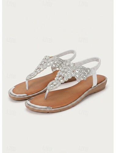  damskie sandały w stylu boho zdobione brązowymi paskami – kryształowe – zdobione płaskie obuwie na japonki na letnie festiwale, wycieczki na plażę i nieformalne spotkania