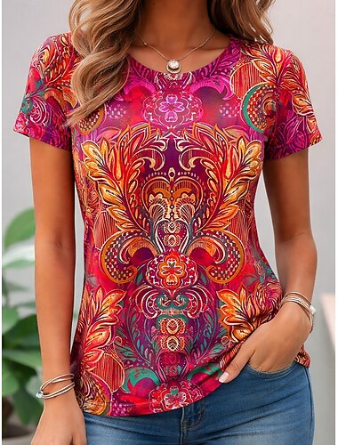  女性用 Tシャツ プリント グラフィック ペーズリー 抽象的 ヴィンテージ スタイリッシュ クラシック 半袖 クルーネック レギュラートップス カジュアル 日常 週末 ブルー ブラックとホワイト ブラック フクシャ 夏 春