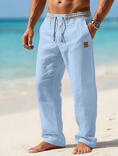  Homens Calças de linho Calças Calça verão Calças largas Com Cordão Cintura elástica Perna reta Tecido Conforto Respirável Comprimento total Casual Diário Ao ar livre Férias Moda Azul Preto Sem