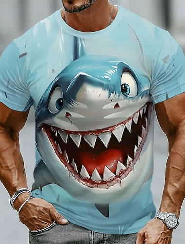  Herren-T-Shirt mit wütendem Hai-Cartoon-Gesicht, grinsend, lustig, humorvoll, skurril, mit Grafik eines Meeresräubers, Rundhalsausschnitt, Kurzarm, hellblau, normale Passform, lässig, Sommer, Strand,