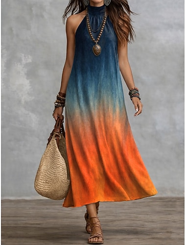  Damen Maxikleid Freizeitkleid Chiffonkleid Schwingkleid Boho Chic Kleider Bohemien Urlaub Tropisch Strand Ferien Date Lässiger Schnitt Ombre Grafik Ärmellos Neckholder Blau Gelb Rosa Purpur Sommer
