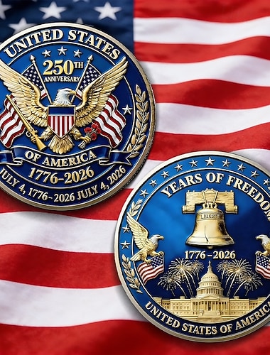  Pièce commémorative du 250e anniversaire des États-Unis, médaille patriotique 1776-2026 avec aigle à tête blanche, mont Rushmore, cloche de la Liberté &Feux d'artifice, objet de collection historique,