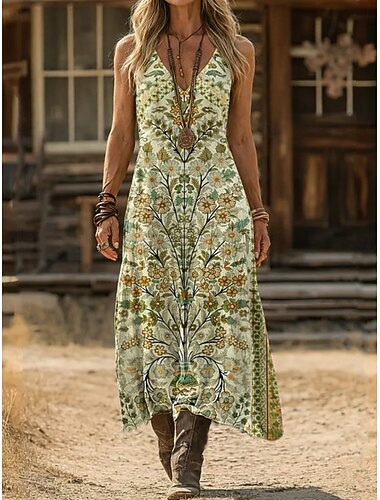  Dames Maxi-jurk Boho-jurk Vintage Jurk Casual jurk Vintage Normale pasvorm Bloemig Mouwloos V-hals blauw Zwart en Wit Groen Zomer Lente