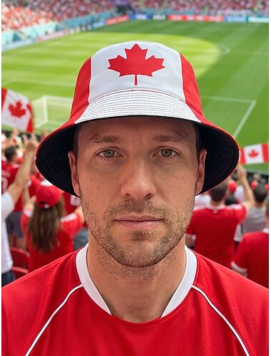  Cappello a secchiello reversibile da uomo in poliestere, con stampa della bandiera canadese, cappello leggero da tifoso di calcio per il giorno della partita, per i tifosi, per lo sport casual e per