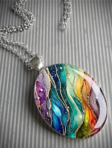  Trendige, farbenfrohe Retro-Halskette mit verträumtem, wellenförmigem ovalem Glasanhänger in Sternenhimmel-Optik für Damen und Herren – Schmuckaccessoires für Kragen und Halsketten