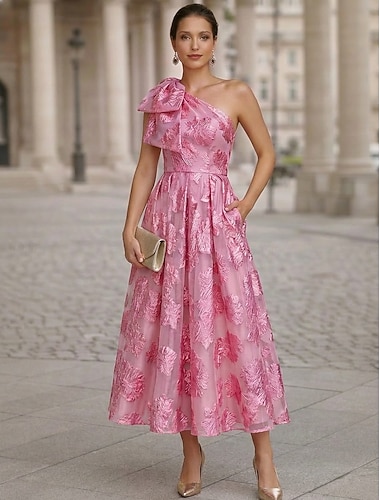  A-lijn Tot de enkel Over de knie Cocktailjurken Elegant Vintage Bloemig Mouwloos Eén-schouder Tuinfeest Bruiloft Zak Satijn Jacquard met Bloemenprint Geborduurde bloem Strik(ken)