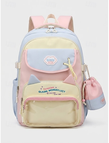  Sac à dos pastel colorblock pour filles joli sac d'école avec oreilles de chat poche frontale transparente et pochon à cordon pour le retour à l'école