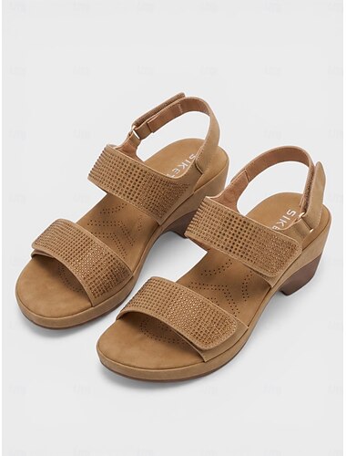  Sandalias de tacón cómodo para mujer color camel con pedrería y correas ajustables: sandalias acolchadas con soporte para el arco del pie, ideales para viajar, para uso diario y para el jardín.