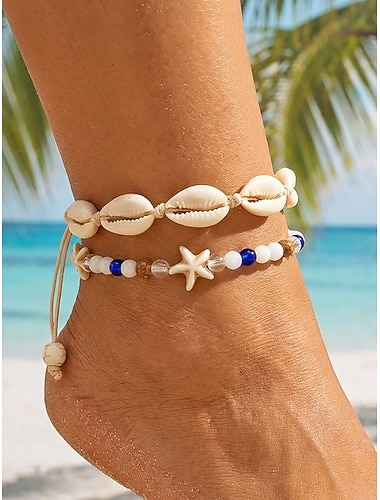  Női bohém kagyló alakú bokalánc csillag medálokkal, dupla rétegű, állítható hosszúságú, tökéletes tengerparti nyaraláshoz, hétköznapi viselethez és nyári kiegészítőkhöz