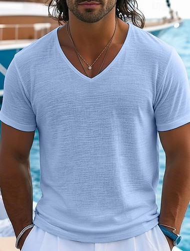  Herr T-shirt Kortärmad tröja T-tröja Linne T-shirt Kortärmad V-hals Sommar Vår Slät Pit Strip Streetwear Stylish Ledigt Slät Ledigt Dagligen Utomhus Blå Svart Vit Topp t-shirt för män