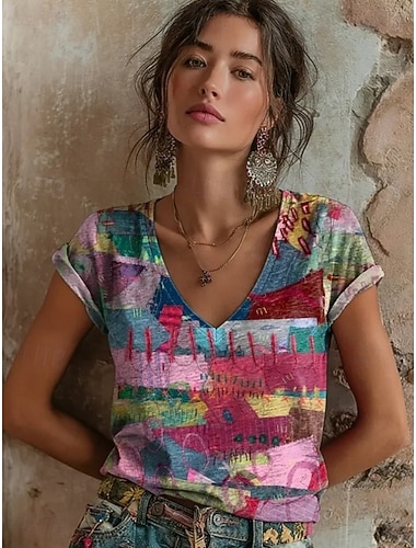  Dame T skjorte Trykt mønster Grafisk Abstrakt Geometri Årgang Stilfull Klassisk Kortermet V-hals Vanlige topper Avslappet Daglig Ut på byen Blå Lys beige Lysegrønn Lys Lilla Lilla Sommer Vår