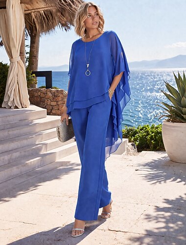  Mulheres Conjuntos de duas peças Chifon Manga Curta Gola Redonda Tecido Elegante Casual Diário Férias Azul Preto Rosa Verão Ajuste Largo