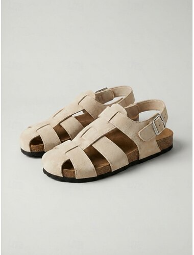  Beige fiskersandaler til dame – vevde gladiatorsandaler med lukket tå og justerbar spenne, uformelle tursko for sommerreiser &daglig bruk