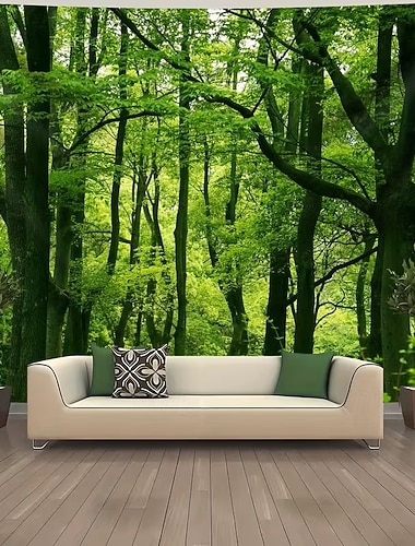  Wandteppich mit grünem Waldmotiv, Naturlandschaft, Waldlandschaft, malerischer Baum, für Schlafzimmer, Wohnzimmer, Studentenwohnheim, Heimdekoration