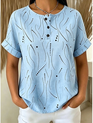  Dame Strukkede strikkede topper T skjorte Grafisk Polkadotter Stilfull Klassisk Kortermet Henley Vanlige topper Avslappet Daglig Sport Blå Rosa Lilla Oransje Beige Sommer Vår