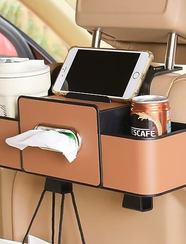  מארגן מושב אחורי לרכב 3 ב-1, מארגן אחסון למושב האחורי דמוי עור עם מתקן טישו ושני מחזיקי כוסות, מארגן מושב אחורי רב תכליתי לנסיעות משפחתיות ונהיגה יומיומית