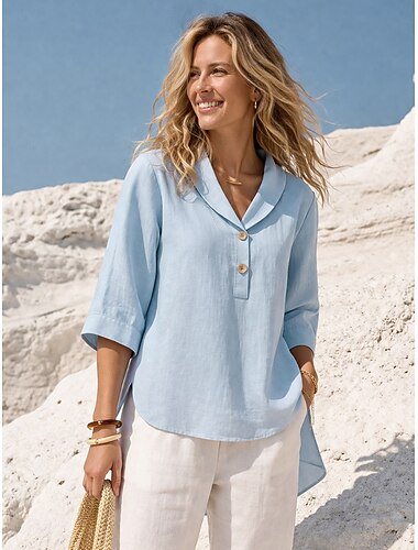  Dámské Halenka Bavlněná košile Knoflíky Pevná barva stylové Základní Na běžné nošení 3/4 délka rukávu Košilový límec Běžné topy Denní Vodní modrá Bílá Světlá růžová Rubínově červená Trávová zelená