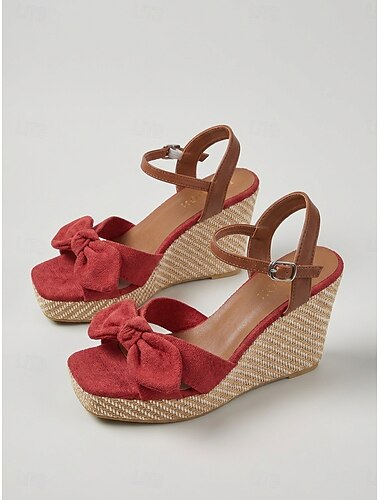  Rote Wildleder-Keilsandalen für Damen – elegante Espadrille-Plateausandalen mit Schleife und Knöchelriemen, ideal für luxuriöse Kreuzfahrten und tropische Resorts. &Sommerliche Terrassenpartys