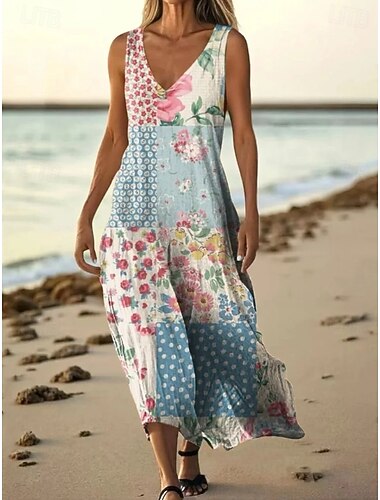  Dames Halflange jurk Boho-jurk Vintage Jurk Casual jurk Vintage Ruim Passend Bloemig Mouwloos V-hals Geel Rood Hemelsblauw Paars Zomer Lente
