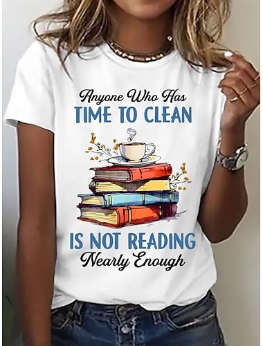  dam t-shirt lapptäcke tryck bokstav rolig slang snygg grundläggande klassisk kortärmad rund hals vanlig toppar daglig blå ask svart vit rosa sommar vår