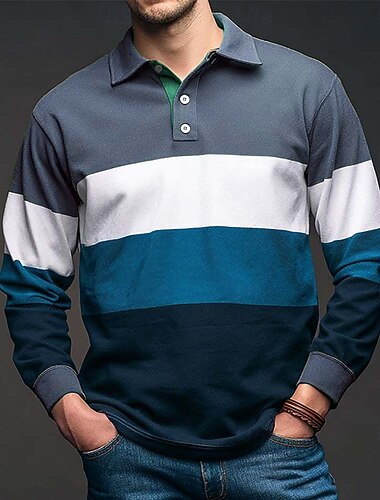  Herre Horisontale strimler Rugby Polo Langærmet Polo skjorter Skjorter med krave Sportstøj Afslappet udendørs Skole atletiktøj 3D-udskrivning Knapper Forår Efterår Blå Brun Grøn