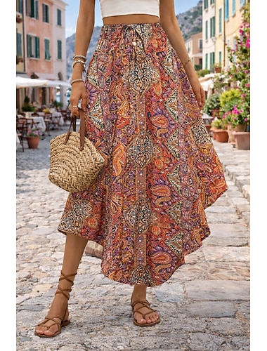  Damen Urlaubsrock Elegant Bohemien Mode Lässig Midi Mittlere Hüfthöhe Röcke Grafik Paisley-Muster Kordelzug Elastischer Bund Unregelmäßiger Saum Unelastisch Täglich Urlaub Blau Schwarz Weiß Gelb