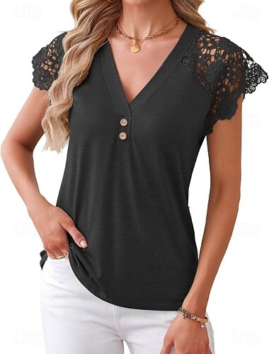  Dames Blouse Kanten topjes Kant Lapwerk Effen Kleur Elegant Stijlvol Basic Korte mouw V-hals Normale tops Casual Dagelijks blauw Blozend Roze Groen Rose Roze Zwart Zomer Lente