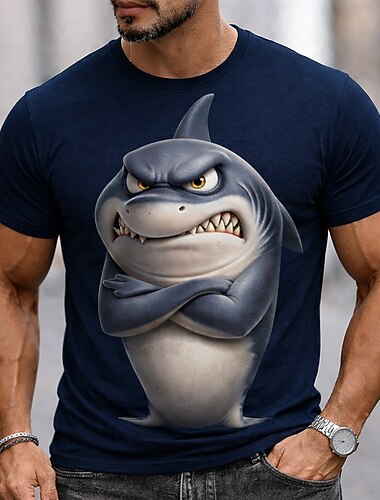  Pánské tričko s krátkým rukávem s grafickým motivem, rozzlobeným žralokem, rukama zkříženýma, odhalujícími zuby, mrzutým kresleným motivem, vtipným humorným, svérázným, s potiskem, ležérním střihem,