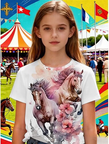  Kentucky Derby Flickor 3D Grafisk Häst T-shirt Kortärmad 3D-tryck Sommar Vår Sport Mode Streetwear Barn 4-12 år Rund hals Ledigt Dagligen Utomhus Normal