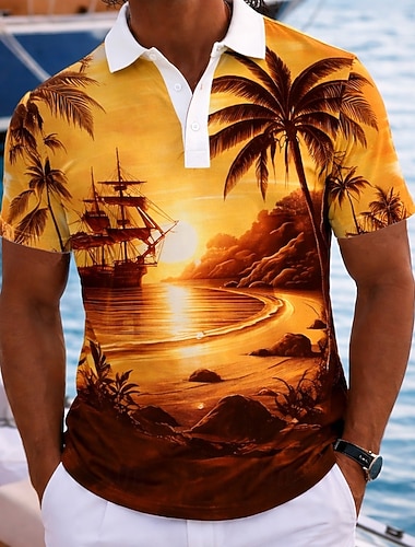  בגדי ריקוד גברים עץ דקל חולצות פולו הוואי שרוולים קצרים חולצות פולו דש יום יומי בגדי ספורט ומנוחה לבוש יומיומי בגדי נופש הדפסת תלת מימד כפתורים רשת נושמת אביב קיץ פול חום תלתן