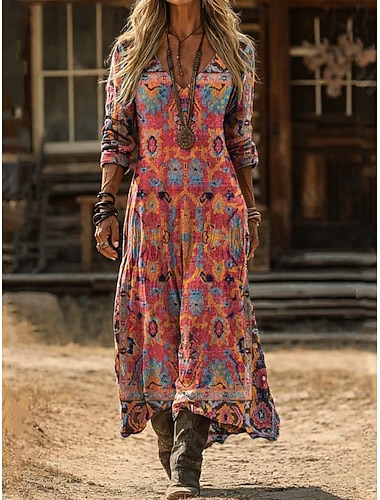  Naisten Maksimekko Boho-mekko Vintage mekko Rento mekko Vintage Loose Fit Kukka Pitkähihainen V kaula-aukko Musta ja valkoinen Jäänsininen Musta Keltainen Kesä Kevät