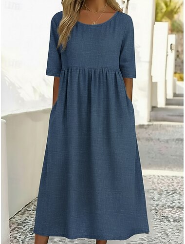  Femmes Robe Midi Robes en lin ancien Classique Quotidien Plage Coupe Ample Uni Demi Manches Col ras du cou bleu marine Vert Kaki Été
