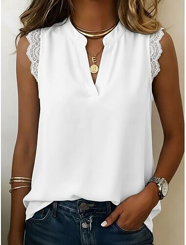  Damen Spitzenbluse Bluse Chiffon Tops Patchwork Einfach Elegant Urlaub Ärmellos V Ausschnitt Lange Oberteile Lässig Weiß Muster Rosa Grün Beige Sommer